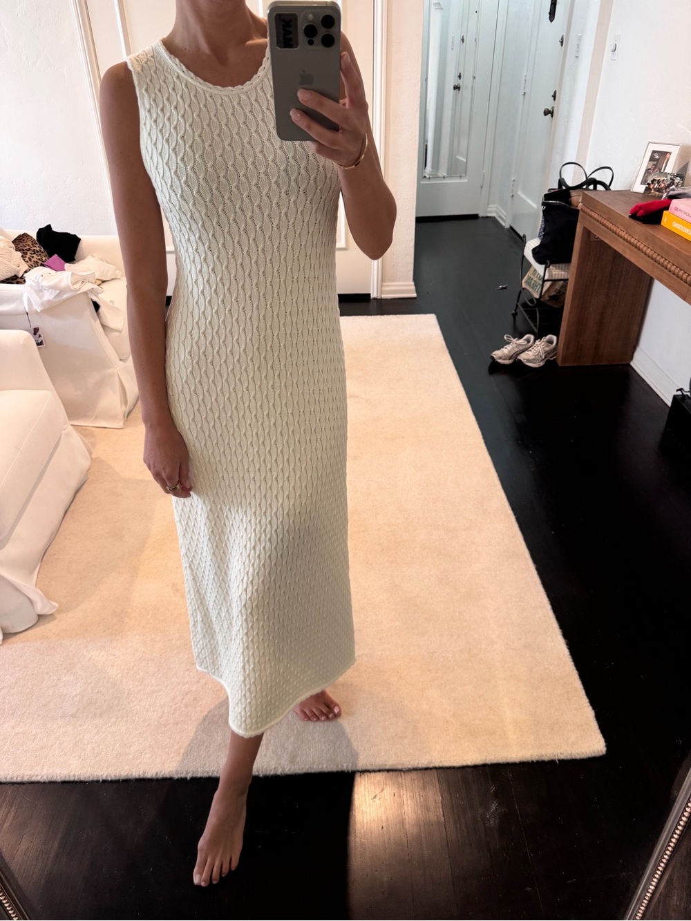 Sleeveless Cable Knit Midi Dress in Cream